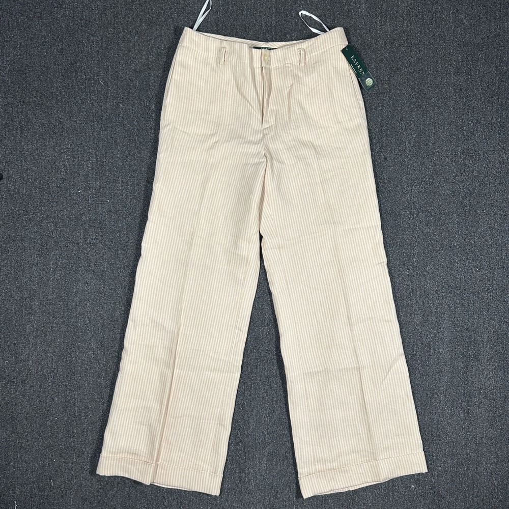 Lauren Ralph Lauren Linen Wide Leg Pants Womens 10 Pink Cream Striped NWT 1097